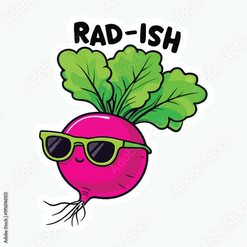 This adorable cartoon radish character sporting stylish green sunglasses and vibrant leaves makes a wonderfully cool statement.