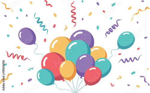 Colorful birthday balloons with flying confetti and streamers for party celebration greeting cards and festive events vector illustration