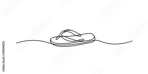 Minimalist single line drawing of a flip-flop sandal floating on a wavy water surface Vector, illustration