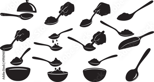 Black silhouettes of various kitchen utensils and cookware items