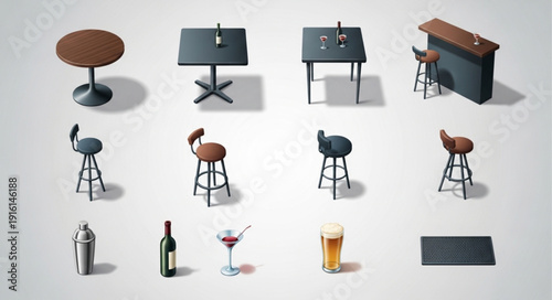 Collection of Bar Furniture and Accessories Isolated on White Background.