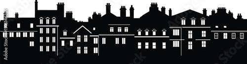 Black silhouette of a row of traditional European buildings with chimneys and windows cityscape architecture