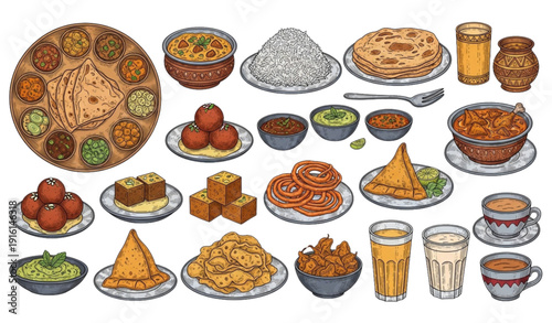 Traditional Indian dishes and drinks vector icon set