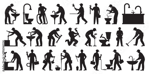 Set of plumbing silhouettes, plumbers working with toilet, washbasin, and various tools, vector illustration