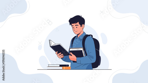 Young student reading books with backpack, education and learning concept, flat illustration