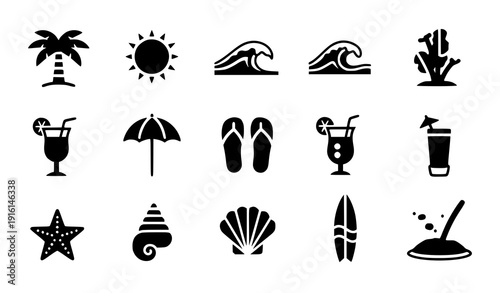 Minimal tropical vacation solid glyph icon set