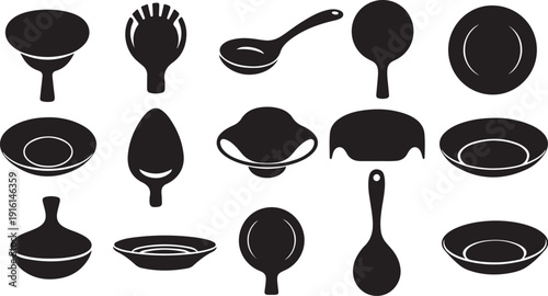 Black silhouettes of various kitchen utensils and dishes icons