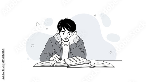 Young student studying and reading books, focused, education concept