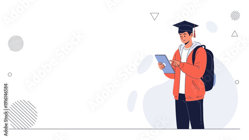 Young student with graduation cap and tablet, modern education concept