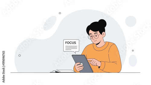 Young woman focused on tablet screen, digital learning, online education, concentration concept