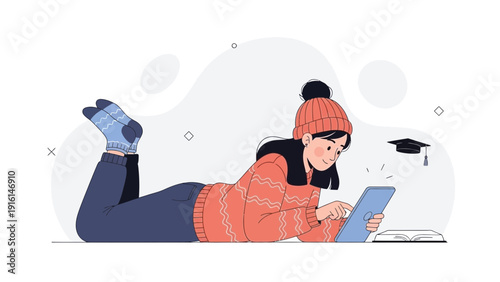Young woman learning online on tablet, wearing cozy winter clothes and socks