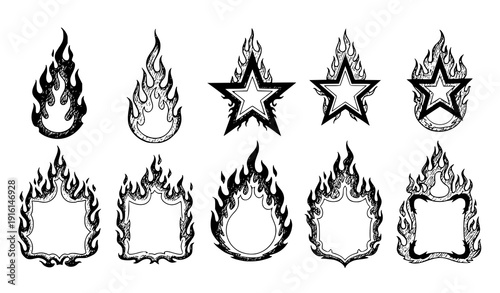 Hand drawn Y2K flame and star grunge sticker element set