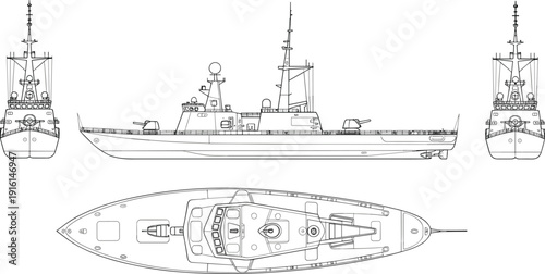 Technical drawing blueprint of a naval warship from multiple views boat military
