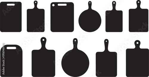 Black cutting board silhouettes on white background icons set