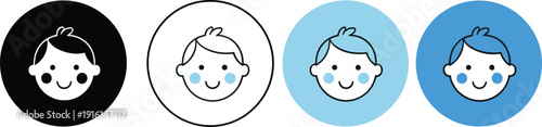 Cute baby face icon set in circular styles with black, white, and blue color variations for kids and app design