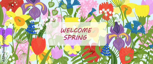 Bright welcome spring floral banner with colorful tulip, daffodil and iris flowers. Vibrant seasonal design for greeting card, website header, marketing campaign and social media.