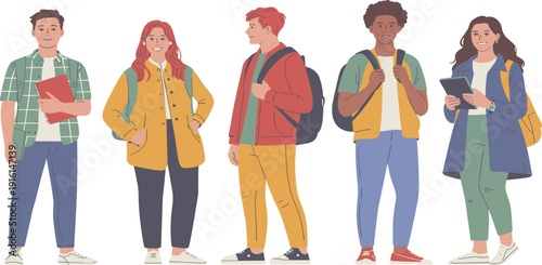 Diverse group of college students with backpacks and books standing together for higher education campus design illustration