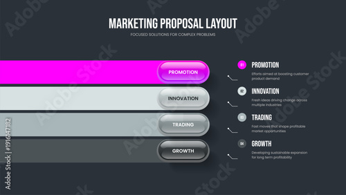 Product Portfolio Four Element Infographic Presentation Layout. Business Solution Frame Design Vector Illustration. Consulting Innovation 4 Step Diagram Slide Template.