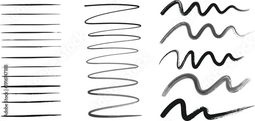 Evolution of line styles from straight to complex wavy patterns in hand-drawn sketches isolated on transparent background, Vector