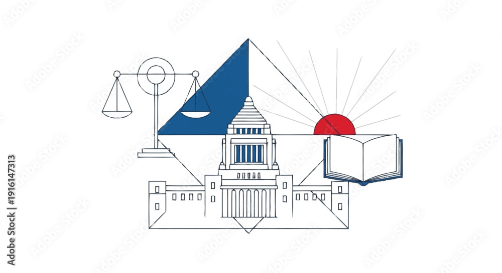 Naklejka premium Law scales book building pyramid sun