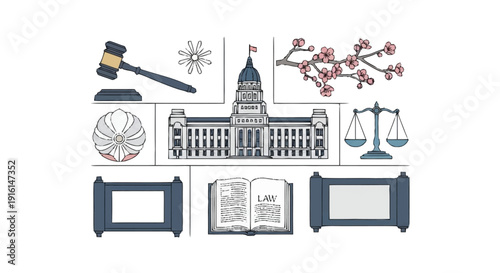 Law symbols and including courthouse gavel scales of justice law book empty frames