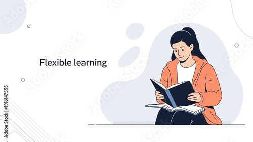 Young woman reading a book, flexible learning concept illustration