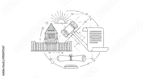 Black and white of courthouse building gavel and legal document in circle