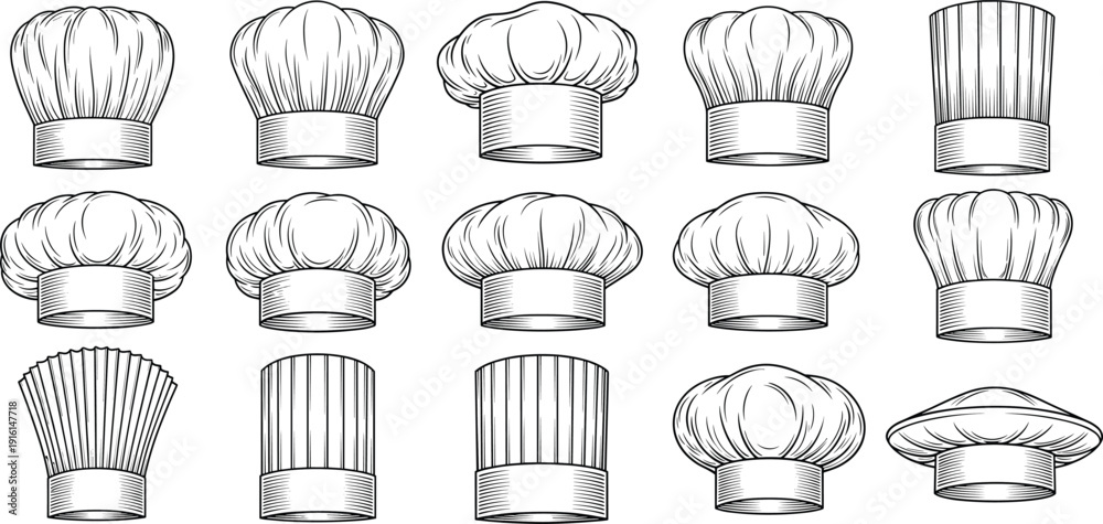 Obraz premium Chef hat collection vector set with hand drawn line art cooking toques in multiple styles for restaurant, bakery, and culinary branding