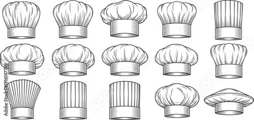 Chef hat collection vector set with hand drawn line art cooking toques in multiple styles for restaurant, bakery, and culinary branding