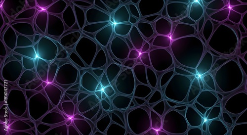 Abstract neural network pattern with glowing cyan and magenta nodes on a black background, suggesting connectivity and information flow.