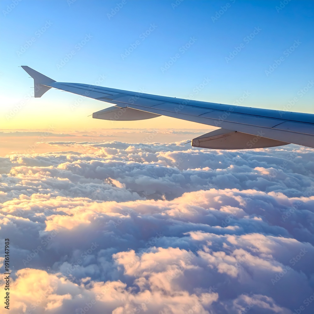 Obraz premium Aerial view of fluffy clouds and airplane wing at sunset