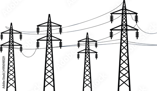 Black silhouette of electricity pylons and power lines against a white background tower transmission