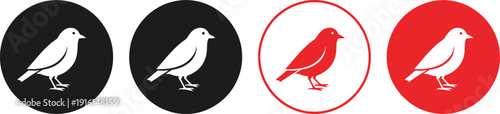 Bird silhouette icon set in circular solid and outline styles with black and red color variations for nature and logo design
