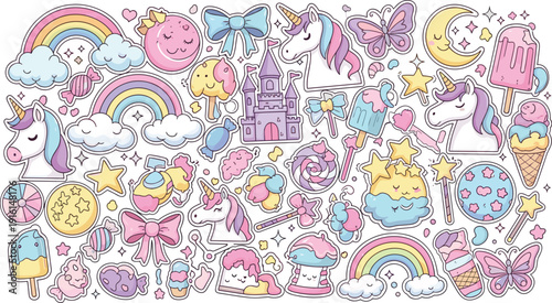 Whimsical doodle collection featuring vibrant clouds, animals, and dreamy landscapes isolated on transparent background, Vector