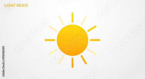 Bright yellow sun icon with radiating beams on white background symbolizing light mode and sunshine