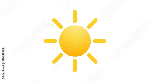 Simple yellow sun icon with rays on a white background symbolizing warmth and sunshine in a minimalist design