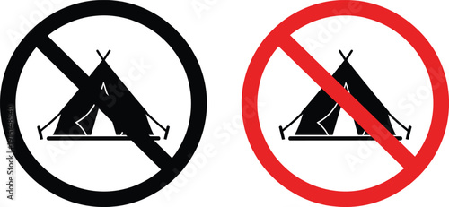 No camping prohibition sign icon set with crossed tent symbol in black and red circular warning styles for outdoor regulation