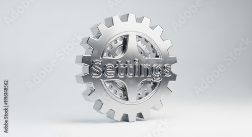 Silver gear icon with settings text overlay on a minimalist white background symbolizing configuration and mechanical precision