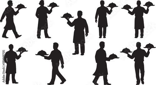 Silhouettes of people holding and reading newspapers in various poses