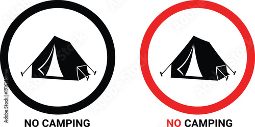 No camping prohibition sign icon set with tent symbol and text in black and red circular warning styles
