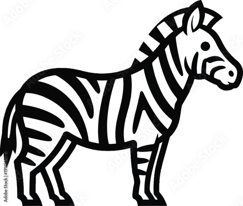 A simple black and white illustration of a zebra standing sideways, showcasing its distinctive stripes in a clean, graphic style