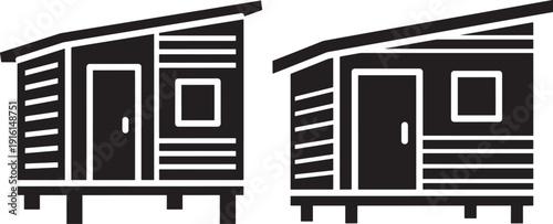 Minimalist black and white icon set of two wooden beach huts on stilts, vector illustration