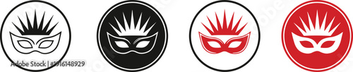 Carnival masquerade mask icon set in circular outline and solid styles with black and red color variations