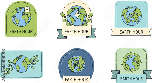 Earth Hour badge collection with globe and green leaves icons for environmental awareness and energy saving campaign