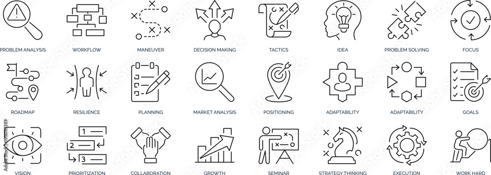 Fototapeta premium Strategic Planning And Business Problem Solving Line Icon Set With Workflow Goals Growth And Execution