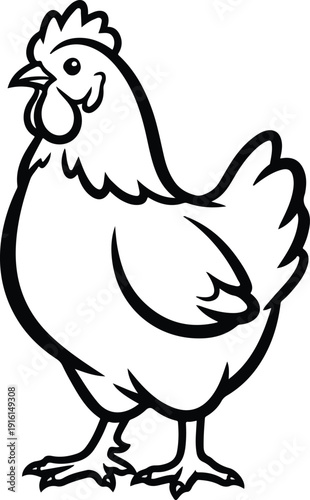 A simple black and white illustration of a chicken standing on its legs, viewed from the side