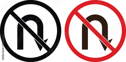 No U-turn prohibition sign icon set with crossed curved arrow symbol in black and red circular warning styles
