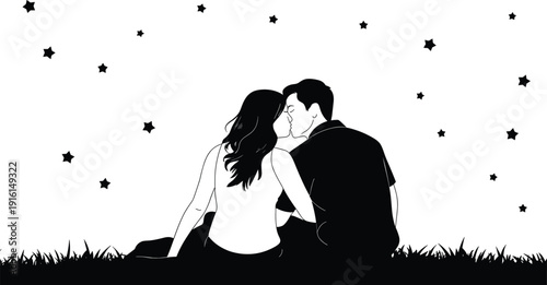 Silhouette of a couple kissing under a starry night sky on a grassy hill love romance
