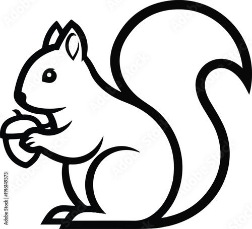 A charming black and white illustration of a playful squirrel holding an acorn, perfect for nature and wildlife themed designs