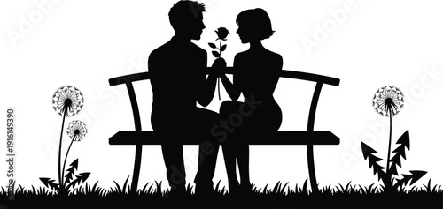 Silhouette of a couple sitting on a park bench with a rose and dandelions romance